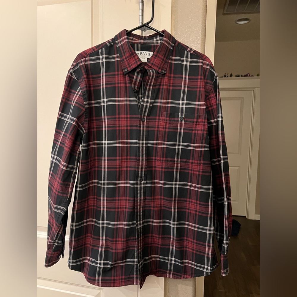 Orvis Men's Classic Long Sleeve Black/Red/White Plaid Button-Down Shirt-Size M